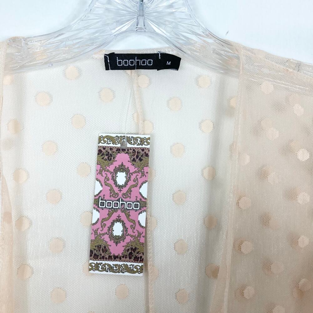 NWT BOOHOO Robe Duster Cardigan M Peach Polkadot Sheer Mesh Open Ruffle Bow-Cuff - Picture 4 of 13